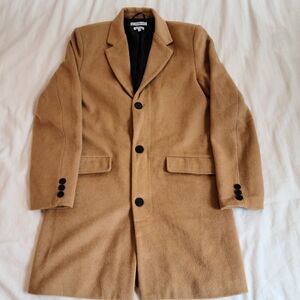 Men's Camel Wool-Blend Pea Coat with Notch Lapel by